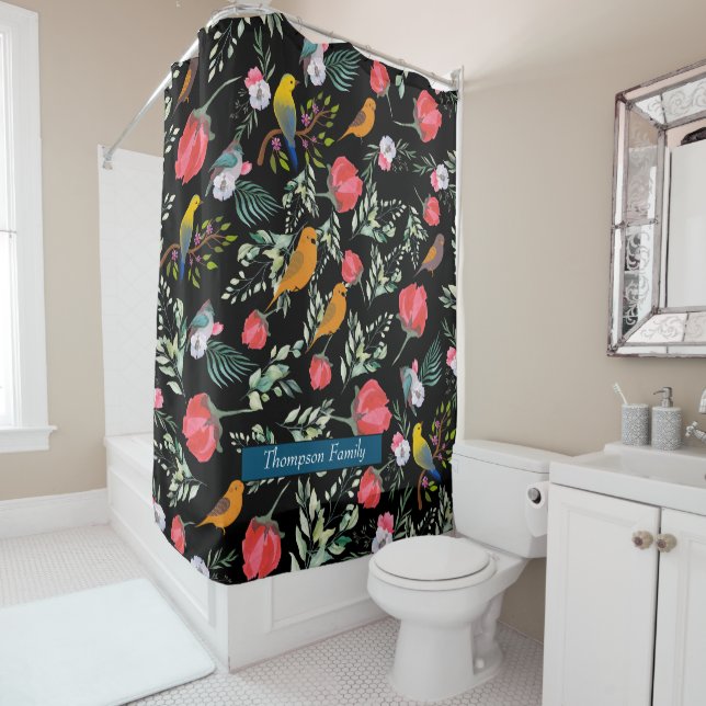 Rideaux De Douche Superbe toile de jute Monogramme l Oiseaux et flor (En situation)