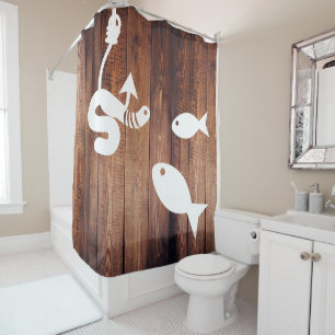 Rideaux De Douche Sur le bois rustique de ver et de poissons de