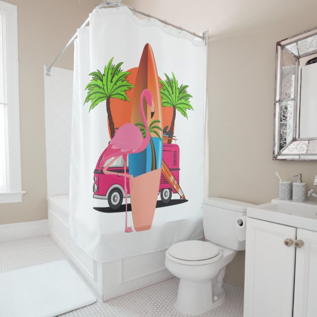 Rideaux De Douche Surf Beachy Retro Thème avec Flamant rose (En situation)