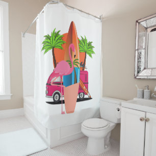 Rideaux De Douche Surf de plage Retro avec Flamant rose