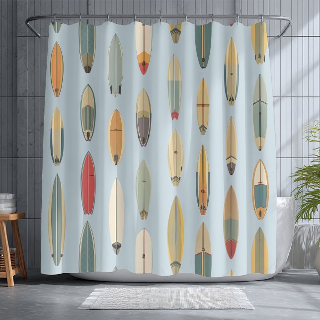 Rideaux De Douche Surf Life | Retro Coastal Blue Surfboard Print (Créateur téléchargé)