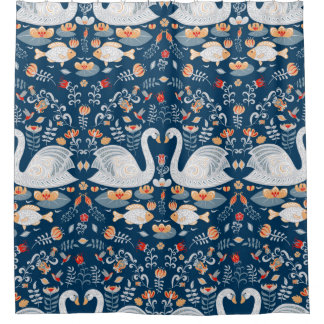 Rideaux De Douche Swans,fish,flowers on a blue background. Decorativ