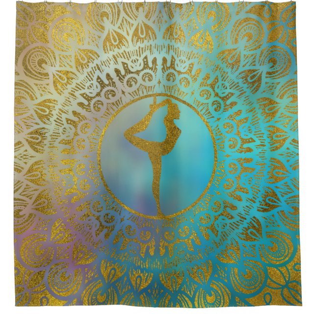 Rideaux De Douche Symbole d'Asana de yoga dans le mandala d'or (Devant)