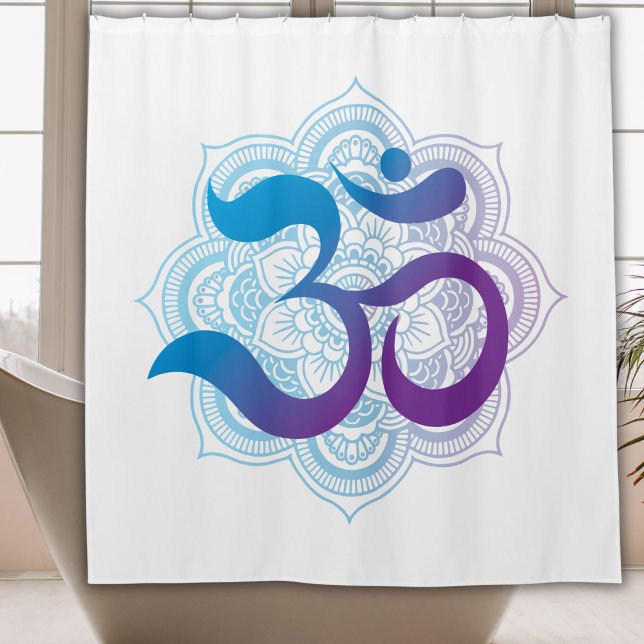 Rideaux De Douche Symbole violet et bleu Om Mandala Flower Blanc (Tranquil Blue & Purple Om Mandala White Shower Curtain - Mindful Peaceful Decor)