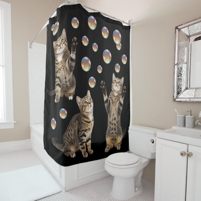 Rideaux De Douche Tabby Cat Bubbles Cat Shower Curtain (En situation)