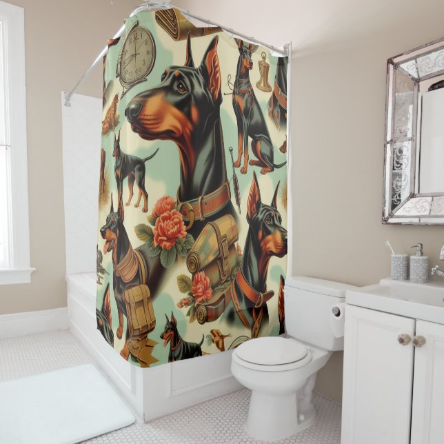 Rideaux De Douche Tableau vintage Doberman sans joint (En situation)