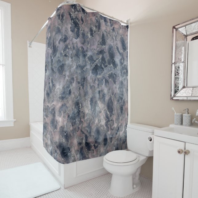 Rideaux De Douche Tache d'aquarelle abstraite rose et bleu pâle (En situation)
