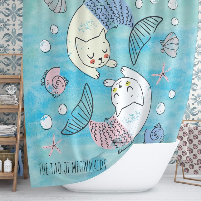 Rideaux De Douche Tao d'aquarelle verte de Meowmaids (Find your path to serenity with this inspiring shower curtain design featuring Cat mermaids.)