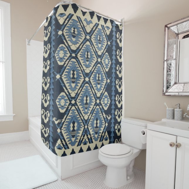Rideaux De Douche Tapis bleu persan turc oriental (En situation)
