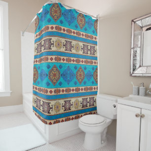 Rideaux De Douche Tapis Kilim Turc Antique Aqua Bleu Or Pale