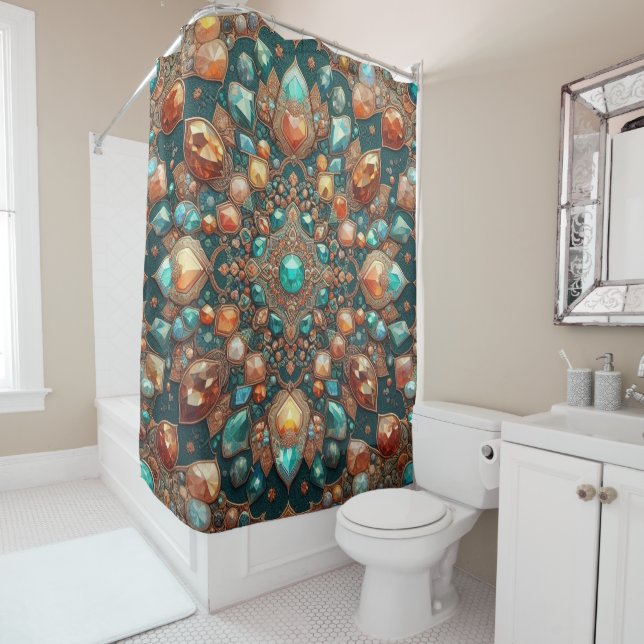 Rideaux De Douche Tapis persan de style gemme sarcelle et orange (En situation)