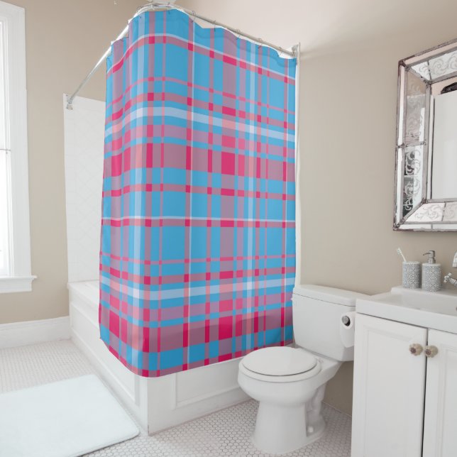 Rideaux De Douche Tartan bleu et rouge (En situation)