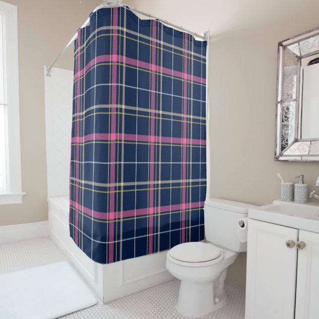 Rideaux De Douche Tartan bleu marine Plaid avec beige blanc rose (En situation)