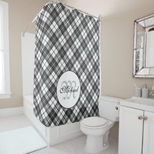Rideaux De Douche Tartan motif Noël noir blanc Monogramme
