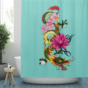 Rideaux De Douche Tatouage de dragon chinois vert gras lotus sarcell