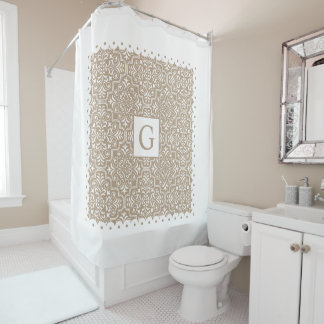 Rideaux De Douche Taupe damassé, bordures de pétoncle blanc, monogra