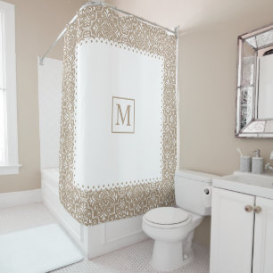 Rideaux De Douche Taupe damassé motif blanc cadre et monogramme