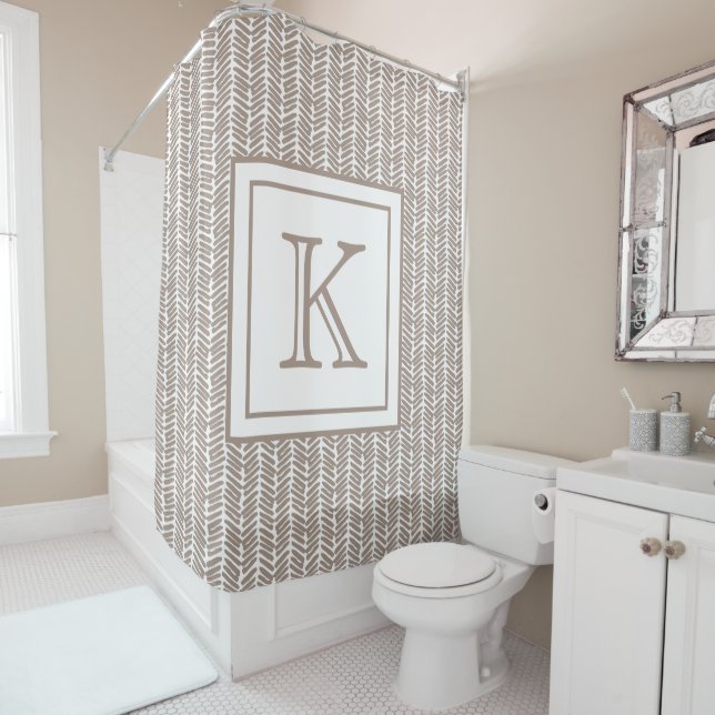 Rideaux De Douche Taupe de Terre Neutre Personnalisée Zigzag Stripes (En situation)