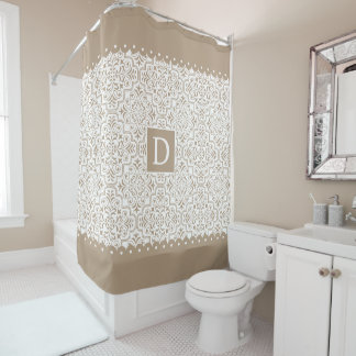 Rideaux De Douche Taupe modèle damas, bordures de pétoncles monogram