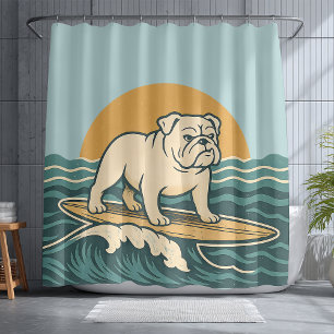 Rideaux De Douche Taurillon Rétro Surfant Bulldog Coastal Bleu Chien