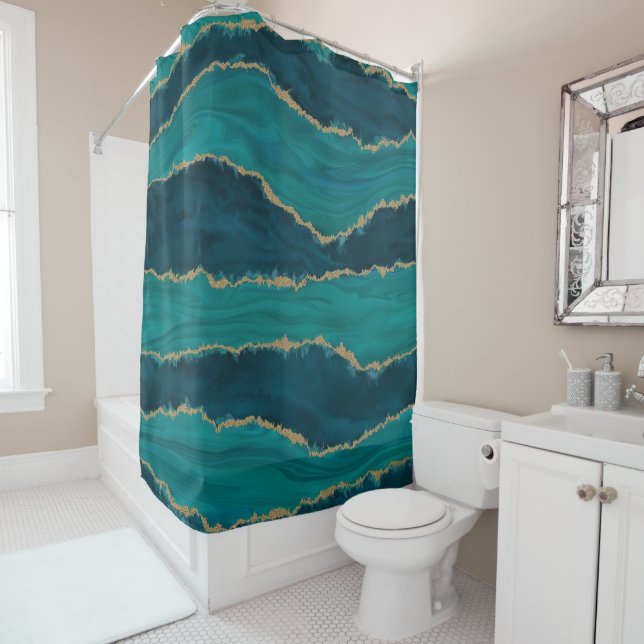 Rideaux De Douche Teal Agate Waves – Abstract Marble with Gold (En situation)