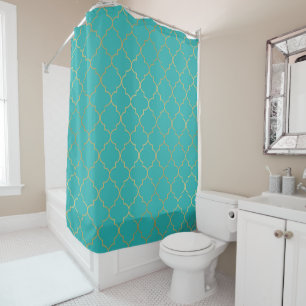 Rideaux De Douche Teal et motif de Quatrefoil d'or