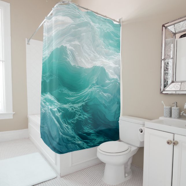 Rideaux De Douche Teal Ocean Waves Abstract Dream  (En situation)