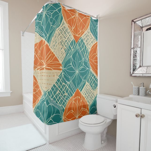 Rideaux De Douche Teal, Orange, and Tan Abstract Flowers  (En situation)