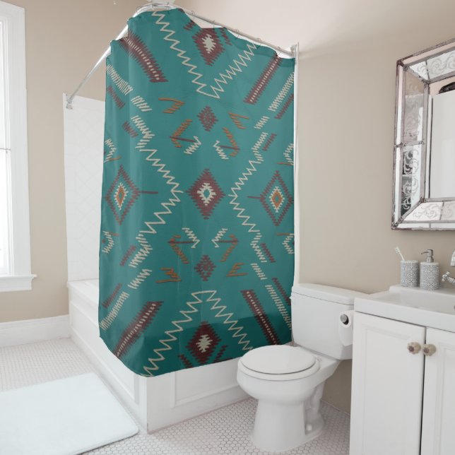 Rideaux De Douche Teal Southwest Navajo Geometric (En situation)