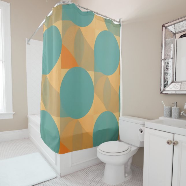 Rideaux De Douche Teal, Tan, and Orange in Retro Look Pattern (En situation)