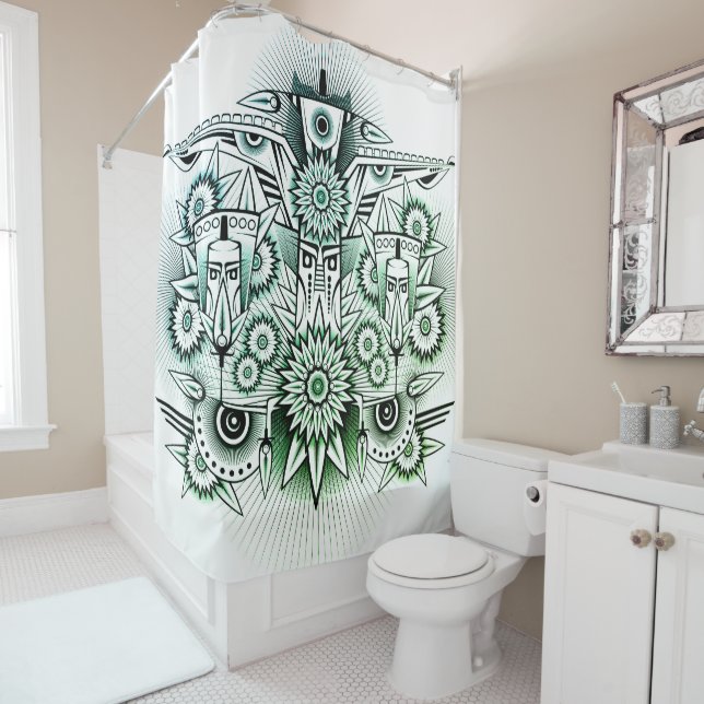 Rideaux De Douche Teinte verte dessin tribal (En situation)