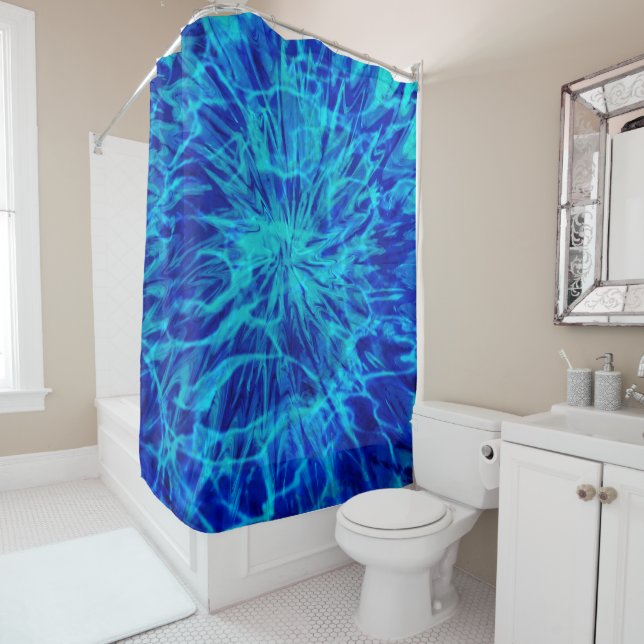 RIDEAUX DE DOUCHE TEINTURE BLEUE EN NŒUDS (En situation)