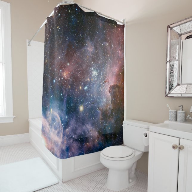 Rideaux De Douche Télescope Nebula Hubble Carina Rouge et Bleu (En situation)