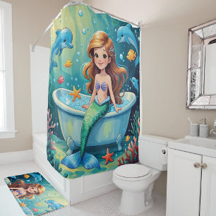 Rideaux De Douche Temps de bain magique des sirènes avec dauphins