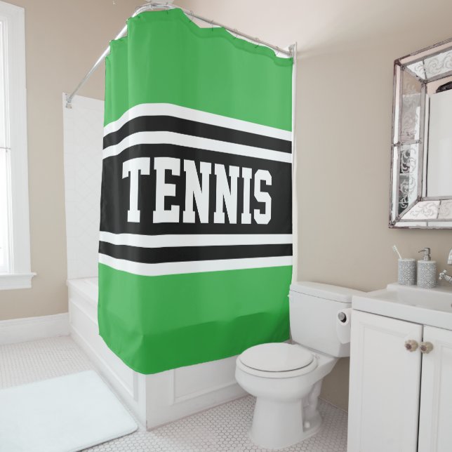 Rideaux De Douche TENNIS Vert Clair Noir Blanc Rayures de Course (En situation)