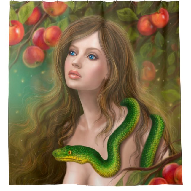 Rideaux De Douche Tentation Apple. Belle femme Eve et serpent. (Devant)