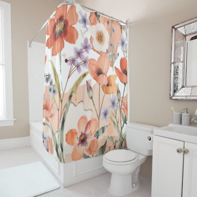 Rideaux De Douche Terracotta Fleur sauvage Boho rustique Décor de sa (En situation)