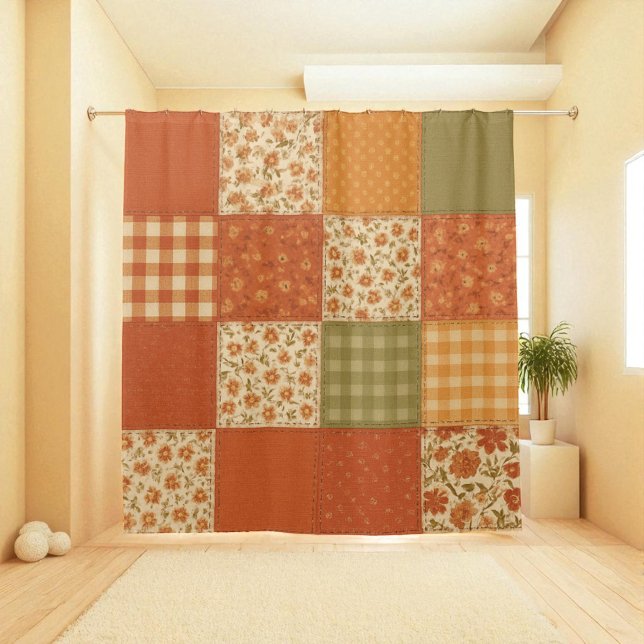 Rideaux De Douche Terracotta Orange Patchwork Quilt Rustique Ferme (Terracotta Orange Patchwork Quilt Rustic Farmhouse Shower Curtain)