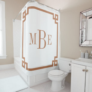 Rideaux De Douche Terre cuite et clé grecque blanche   Monogramme