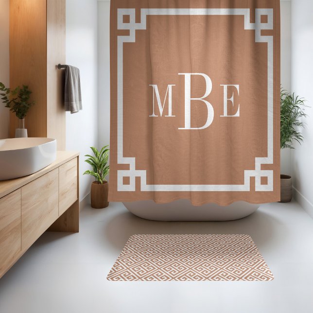 Rideaux De Douche Terre Cuite et Clé Grecque Blanche | Monogramme (Créateur téléchargé)