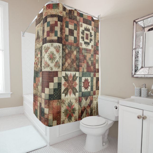 Rideaux De Douche Terre cuite Patchwork Quilt Rustique Retro Floral (En situation)