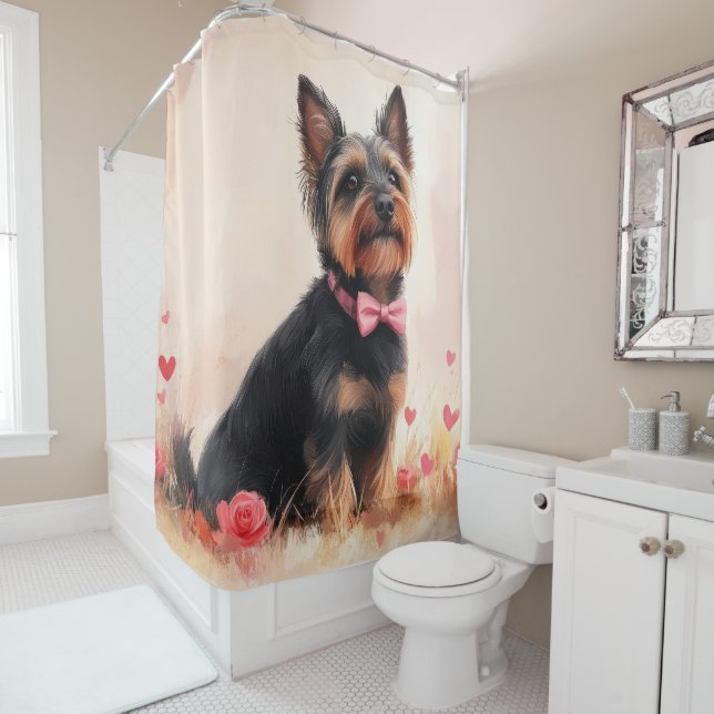 Rideaux De Douche Terrier Australien avec des Roses - Saint-Valentin (En situation)