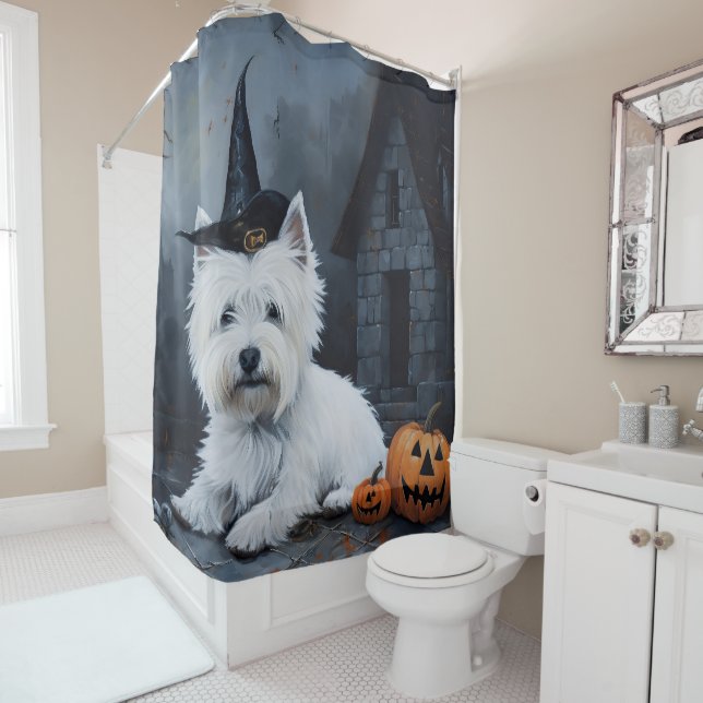 Rideaux De Douche Terrier blanc West Highland Pumpkin Halloween  (En situation)