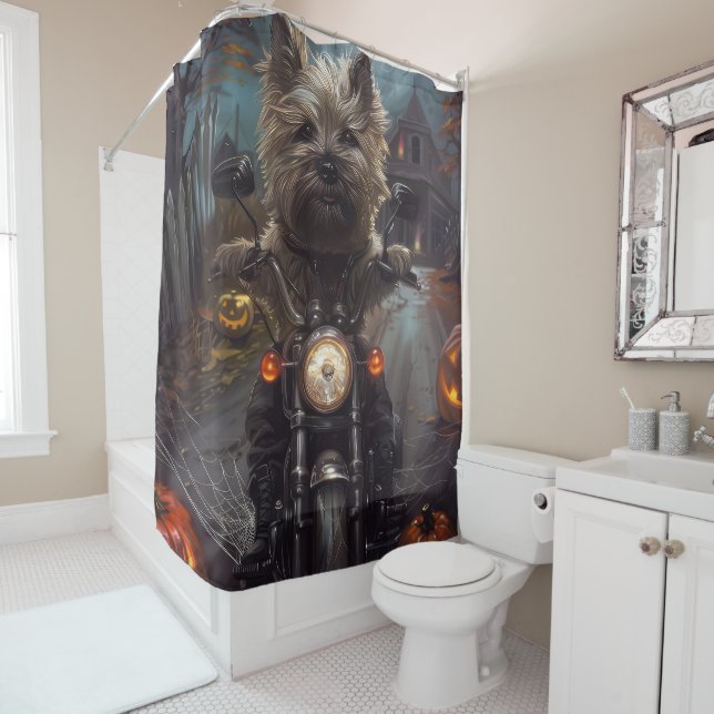 Rideaux De Douche Terrier Cairn à moto Halloween effrayant (En situation)