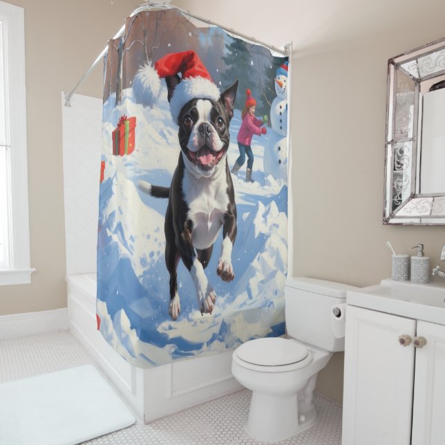Rideaux De Douche Terrier de Boston Scène de neige festive de Noël (En situation)