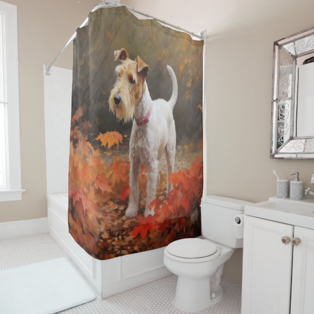 Rideaux De Douche Terrier Wirefox dans les feuilles d'automne chute  (En situation)