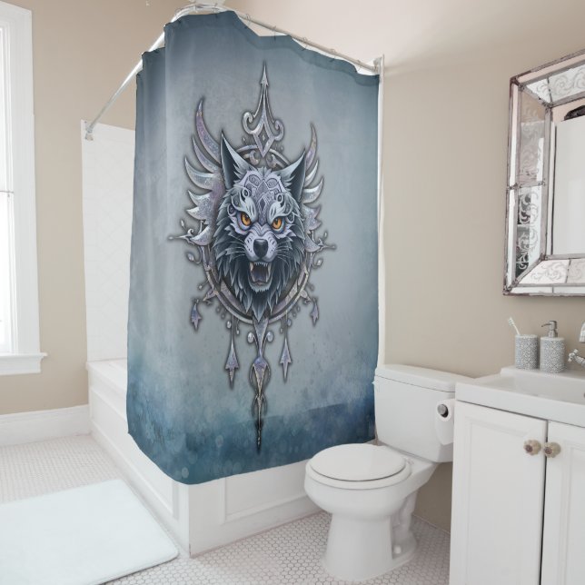 Rideaux De Douche Tête de loup mystique. (En situation)