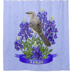 Rideaux De Douche Texas State Mockingbird & Bluebonnet Flower