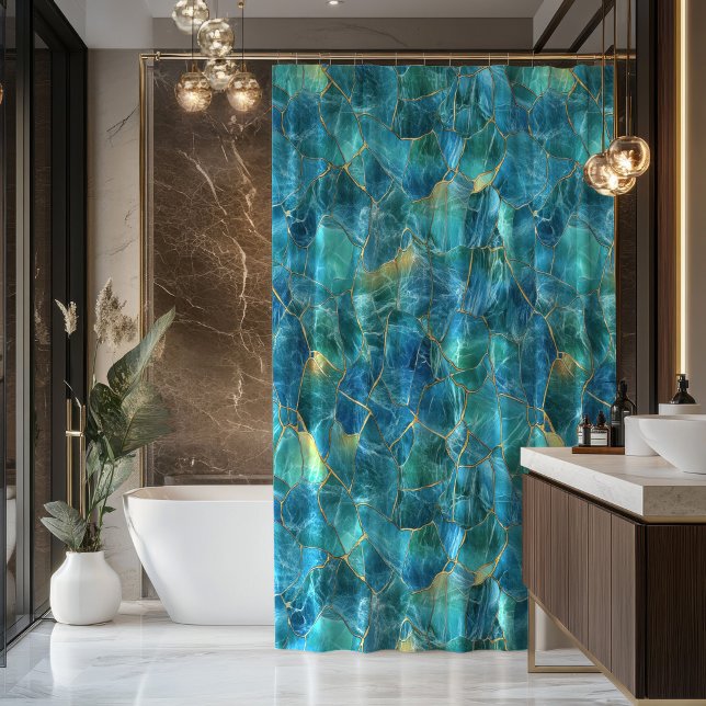Rideaux De Douche Texture de marbre bleu sarcelle avec veines dorées (Créateur téléchargé)