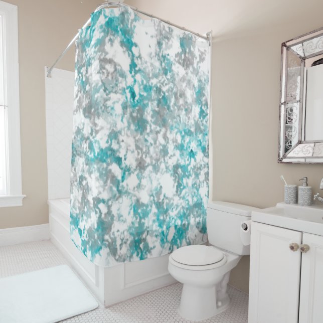 Rideaux De Douche texture gris turquoise et marbre blanc (En situation)